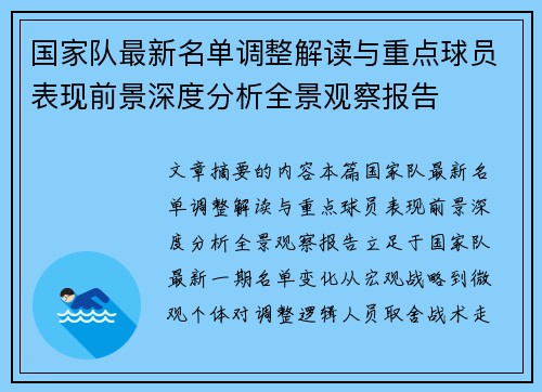 国家队最新名单调整解读与重点球员表现前景深度分析全景观察报告 国家队最新名单调整解读与重点球员表现前景深度分析全景观察报告