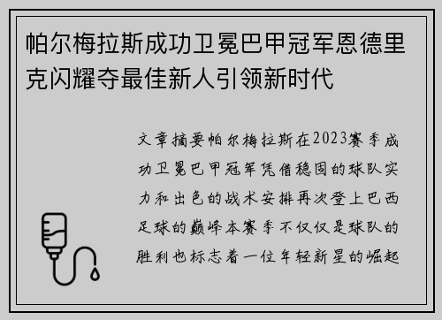 帕尔梅拉斯成功卫冕巴甲冠军恩德里克闪耀夺最佳新人引领新时代 帕尔梅拉斯成功卫冕巴甲冠军恩德里克闪耀夺最佳新人引领新时代